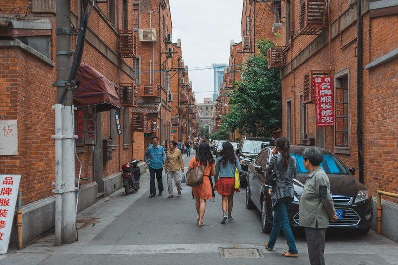 Shanghai Brick Alley With Red Signage