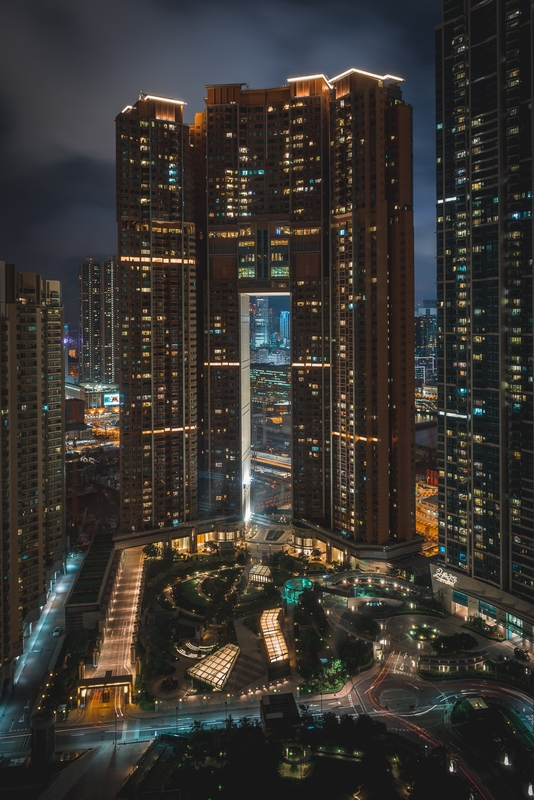 Hong Kong Towers Illuminate Evening Plaza