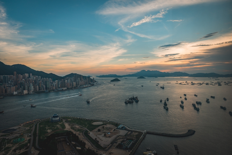 Hong Kong Harbor at Golden Sunset