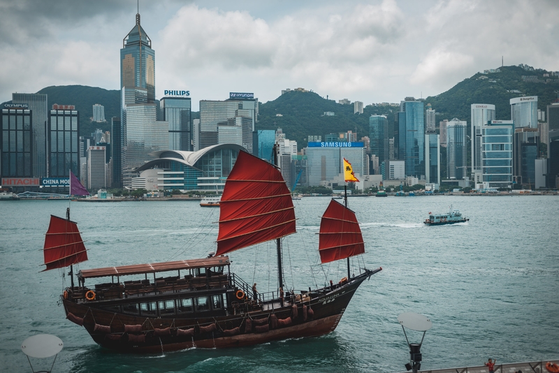 Traditional Junk Boat in Hong Kong Harbor