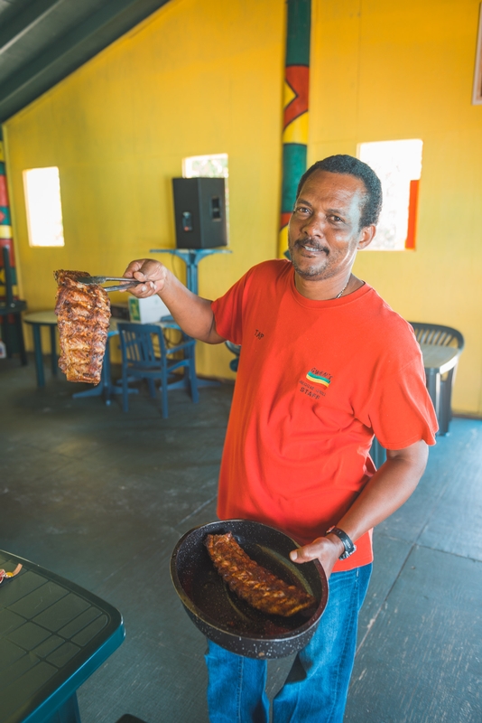 Tap Cooks Ribs at Gwen Barbecue