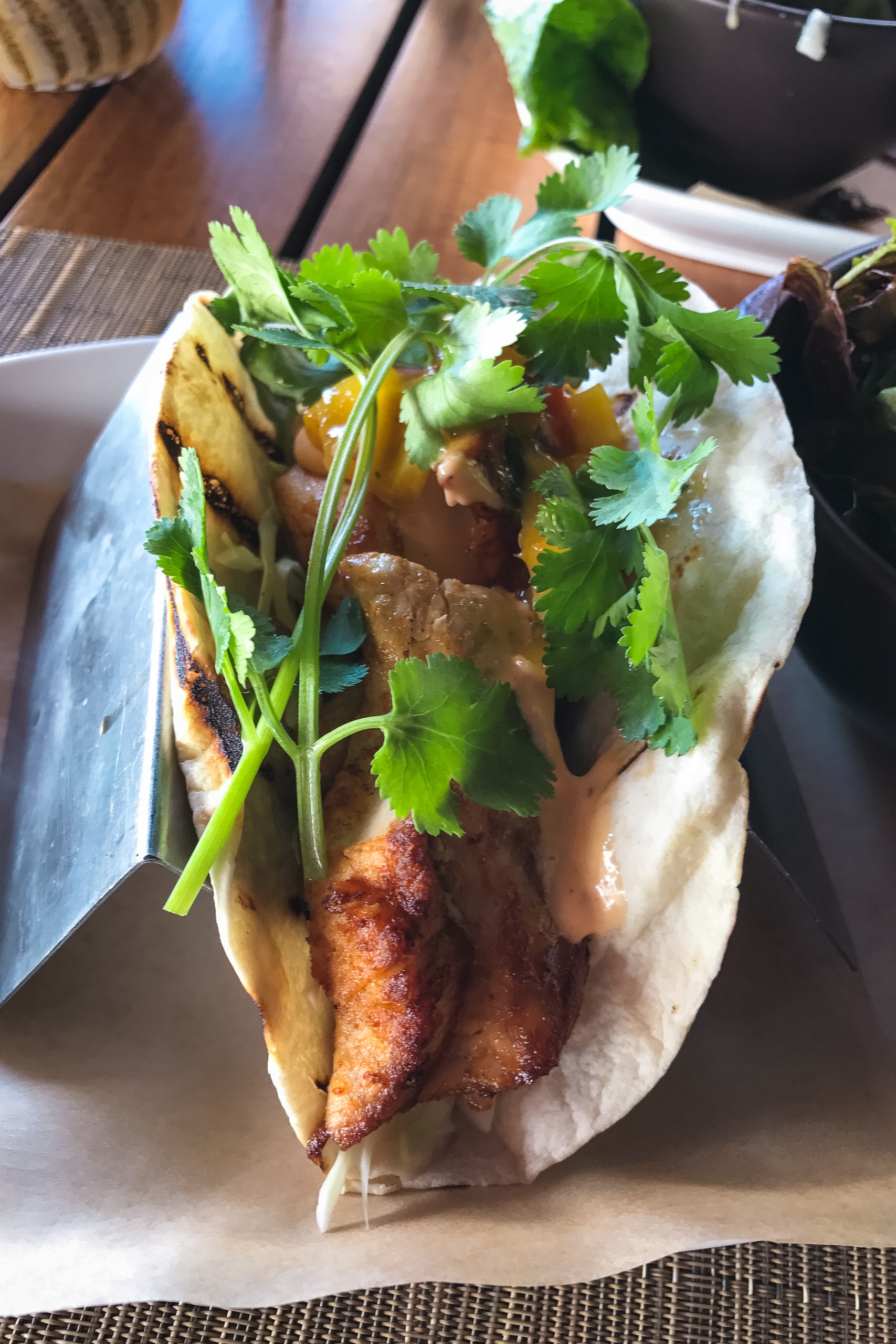 A soft white flour tortilla cradles seasoned meat and fresh cilantro garnish, served on a white plate in bright daylight at a casual dining establishment