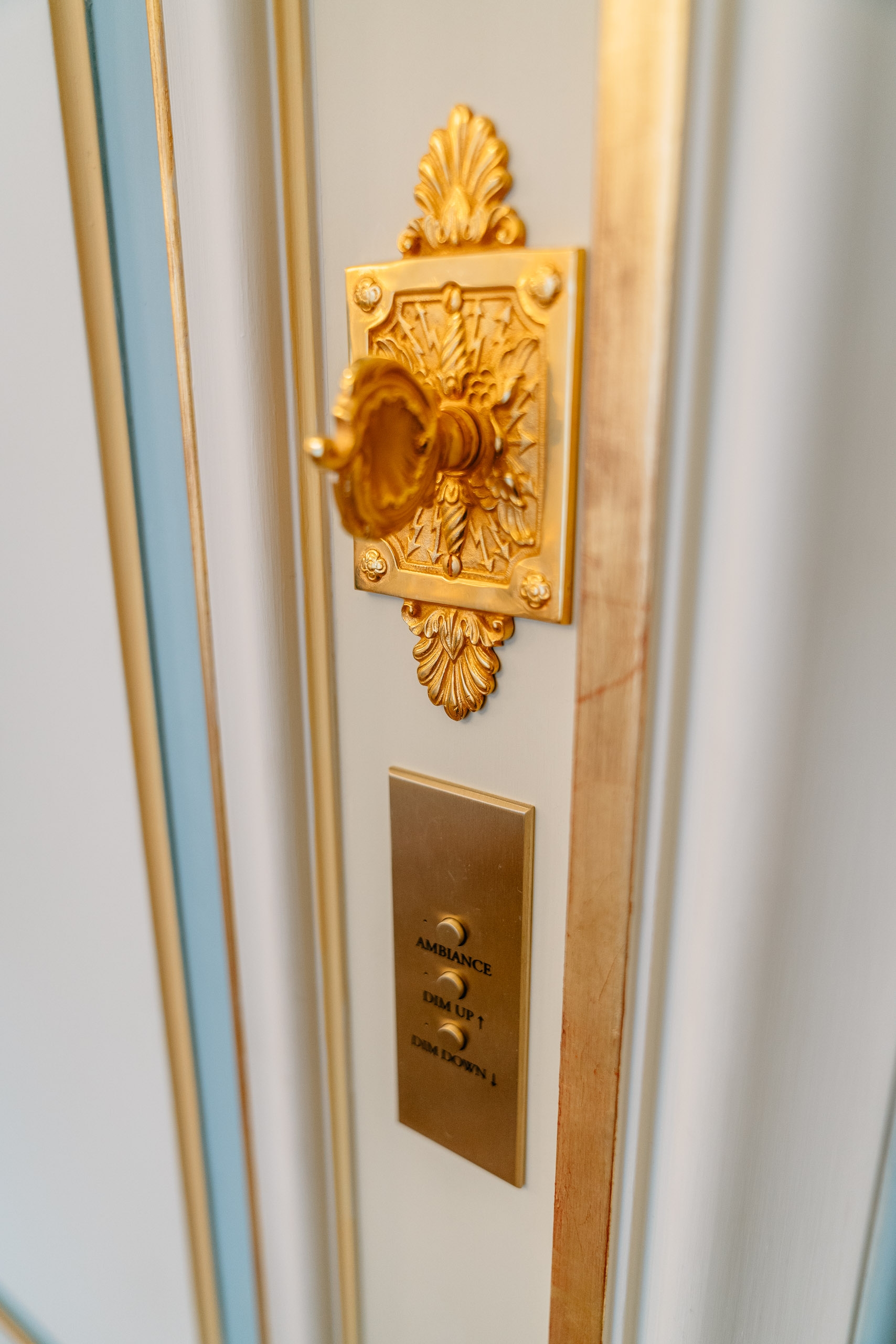 Ornate gold-plated door hardware featuring an elaborate acanthus leaf design mounted on a wooden frame beside a brass plaque inside the Ritz Paris hotel