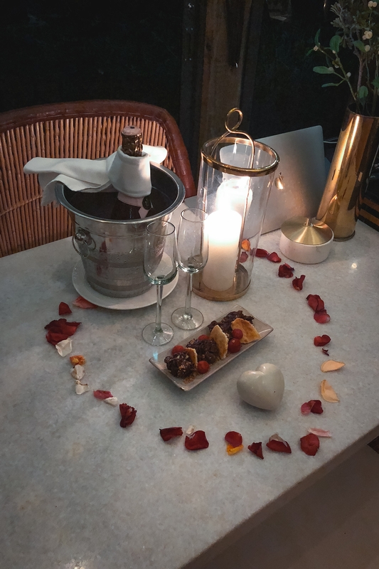 Romantic Champagne Table with Rose Petals