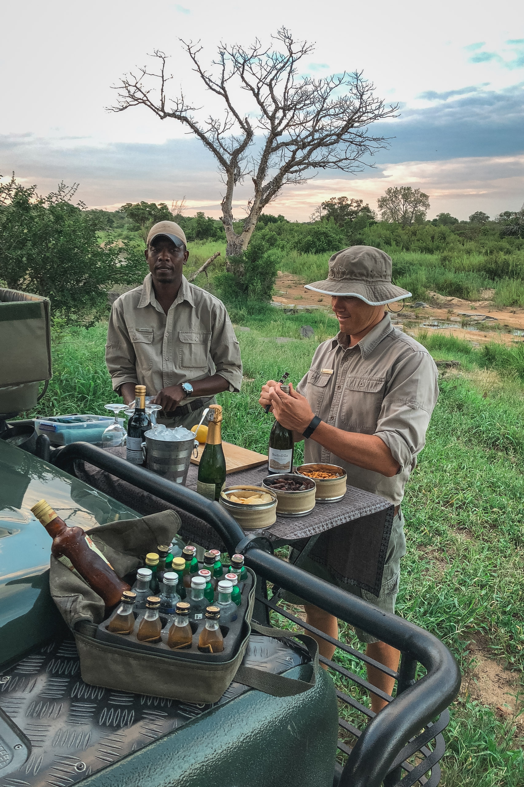 Two safari guides prepare drinks and food at a camp table in the African bush, with a bare acacia tree and green savanna landscape under a cloudy sky