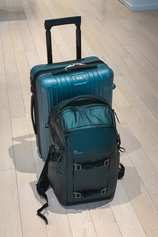 Teal Suitcase and Gray Backpack