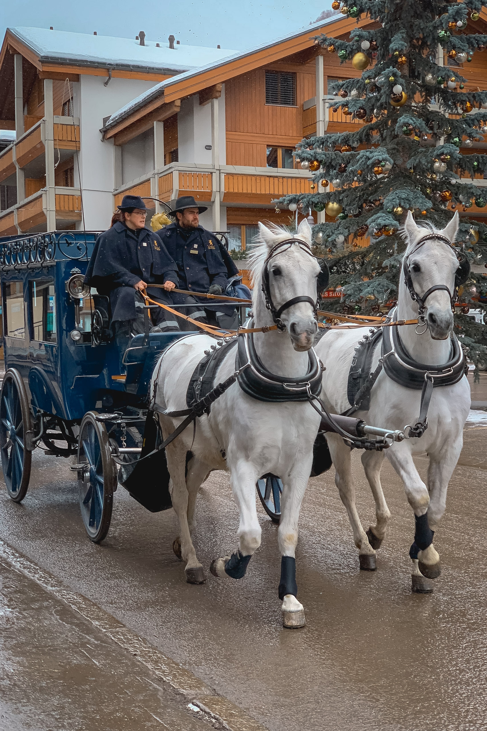 Two uniformed officers drive a blue horse-drawn carriage pulled by white horses through an Alpine village square decorated with a Christmas tree and wooden chalets
