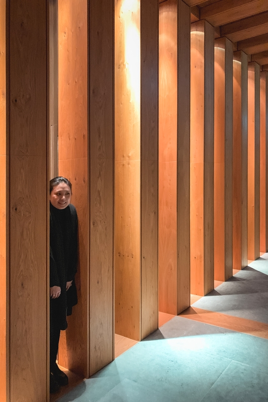Person Between Illuminated Wooden Columns