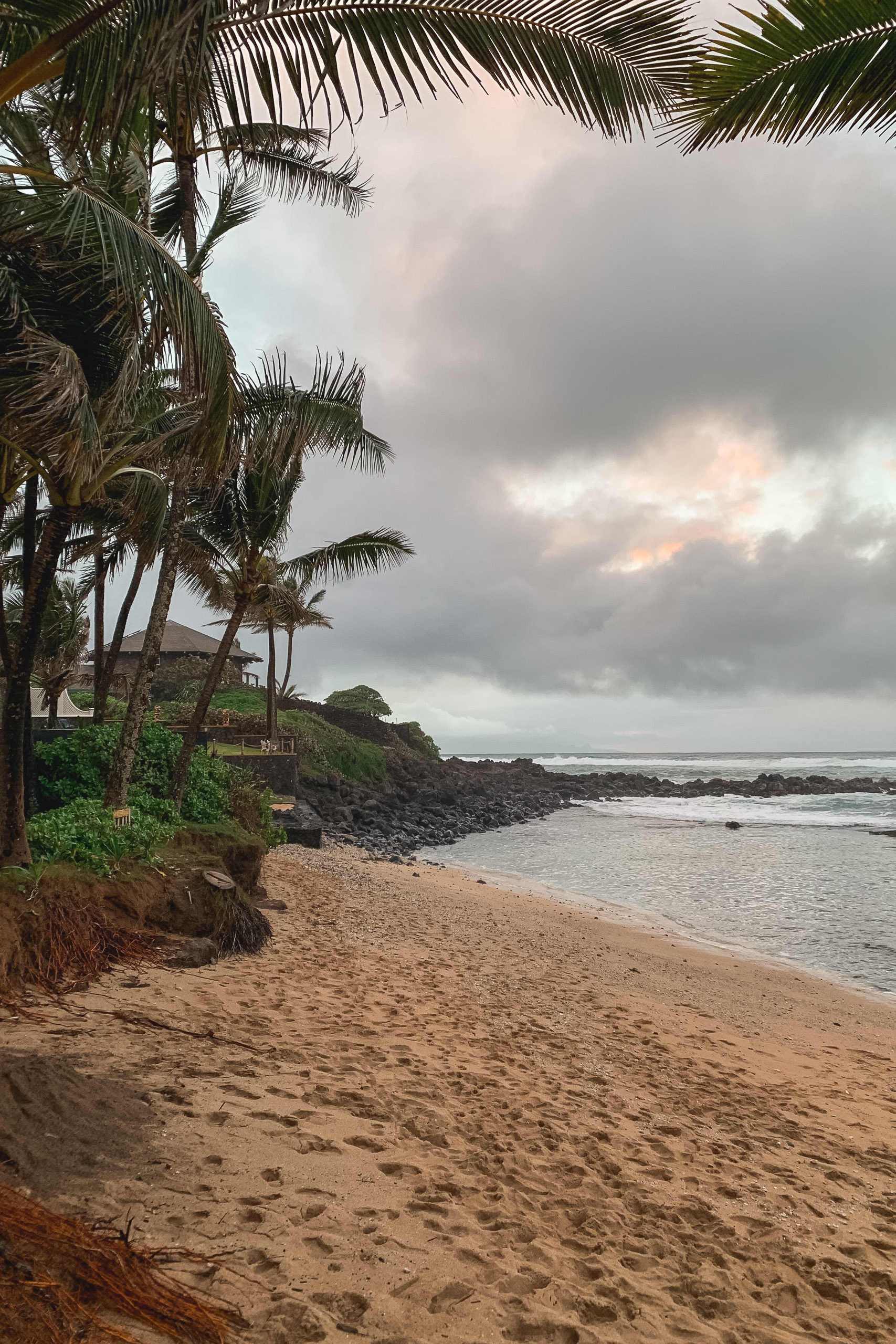 Palm trees frame a sandy beach with rocky outcrops, under an overcast sky with breaks of light illuminating the gray-white clouds above the calm ocean waters