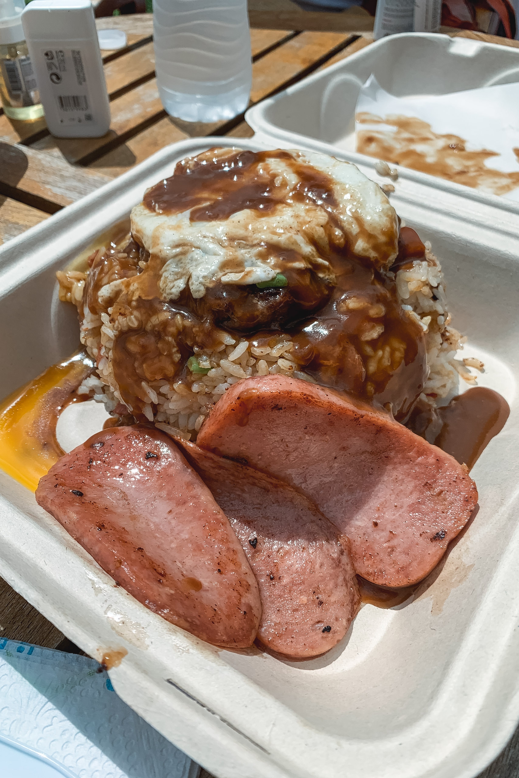 A white disposable plate holds sliced Portuguese sausage and a generous portion of rice topped with brown gravy, served outdoors on a wooden picnic table in bright daylight.