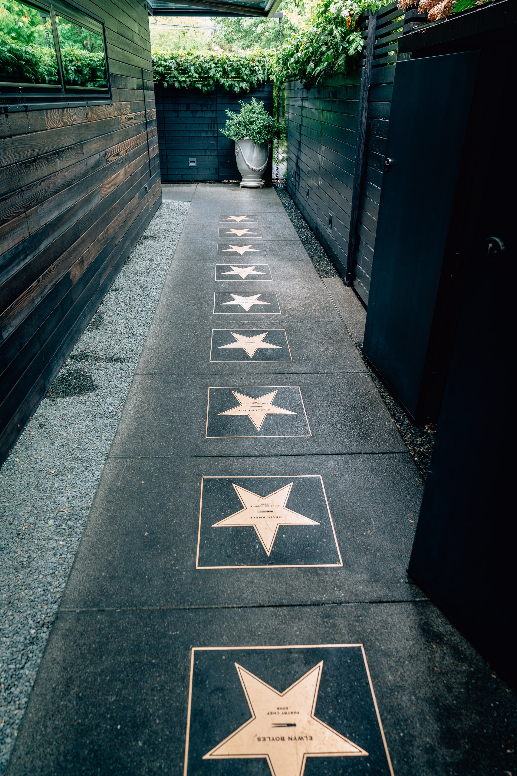 A narrow alleyway features a row of embedded stars on the dark pavement, reminiscent of the Hollywood Walk of Fame, flanked by dark wooden walls and ivy-covered structures overhead.