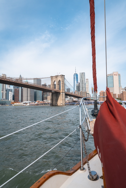 Sailboat View of Manhattan and Brooklyn Bridge