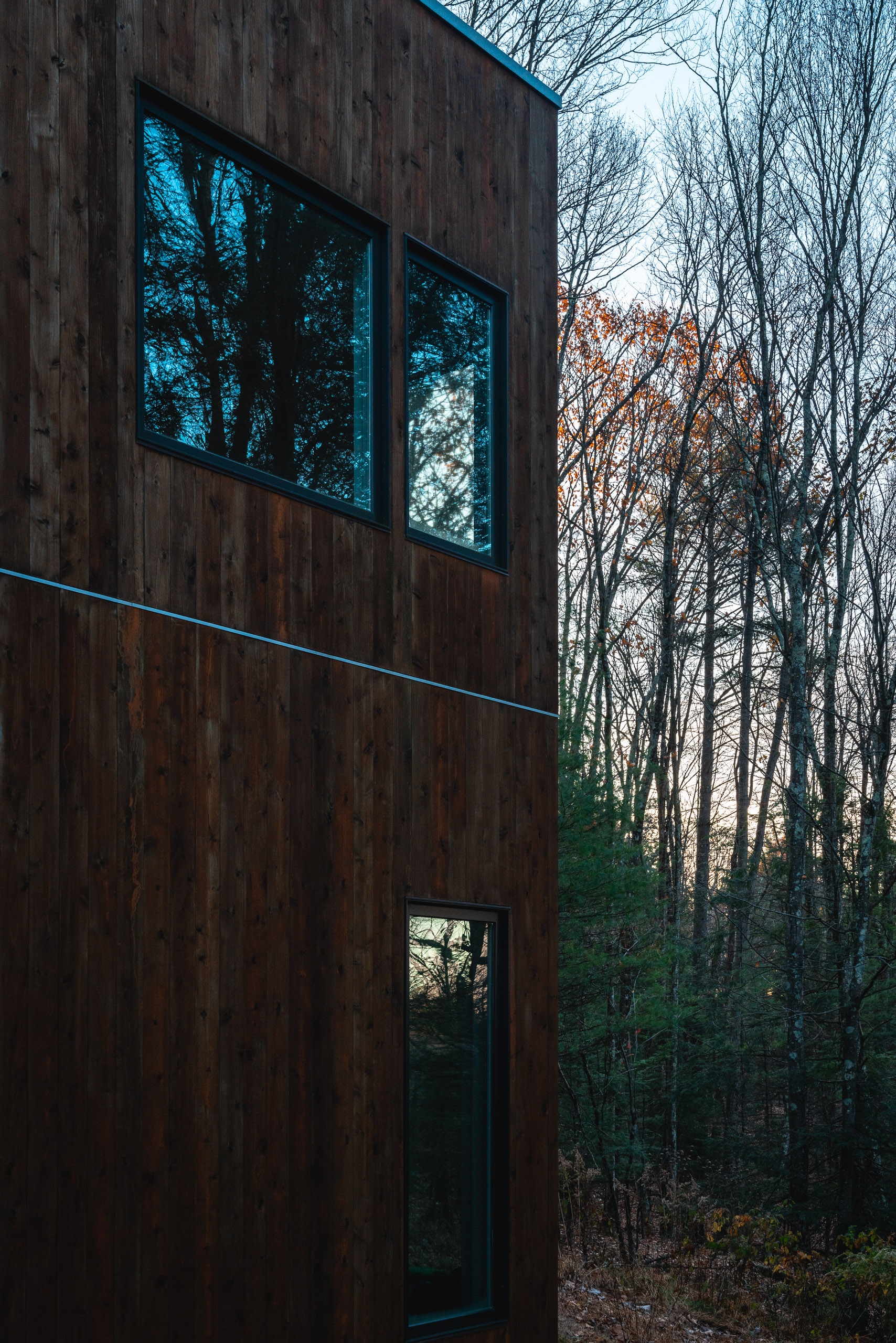 A modern dark wood structure with large blue-tinted windows stands amid bare trees and autumn foliage in an upstate woodland setting.