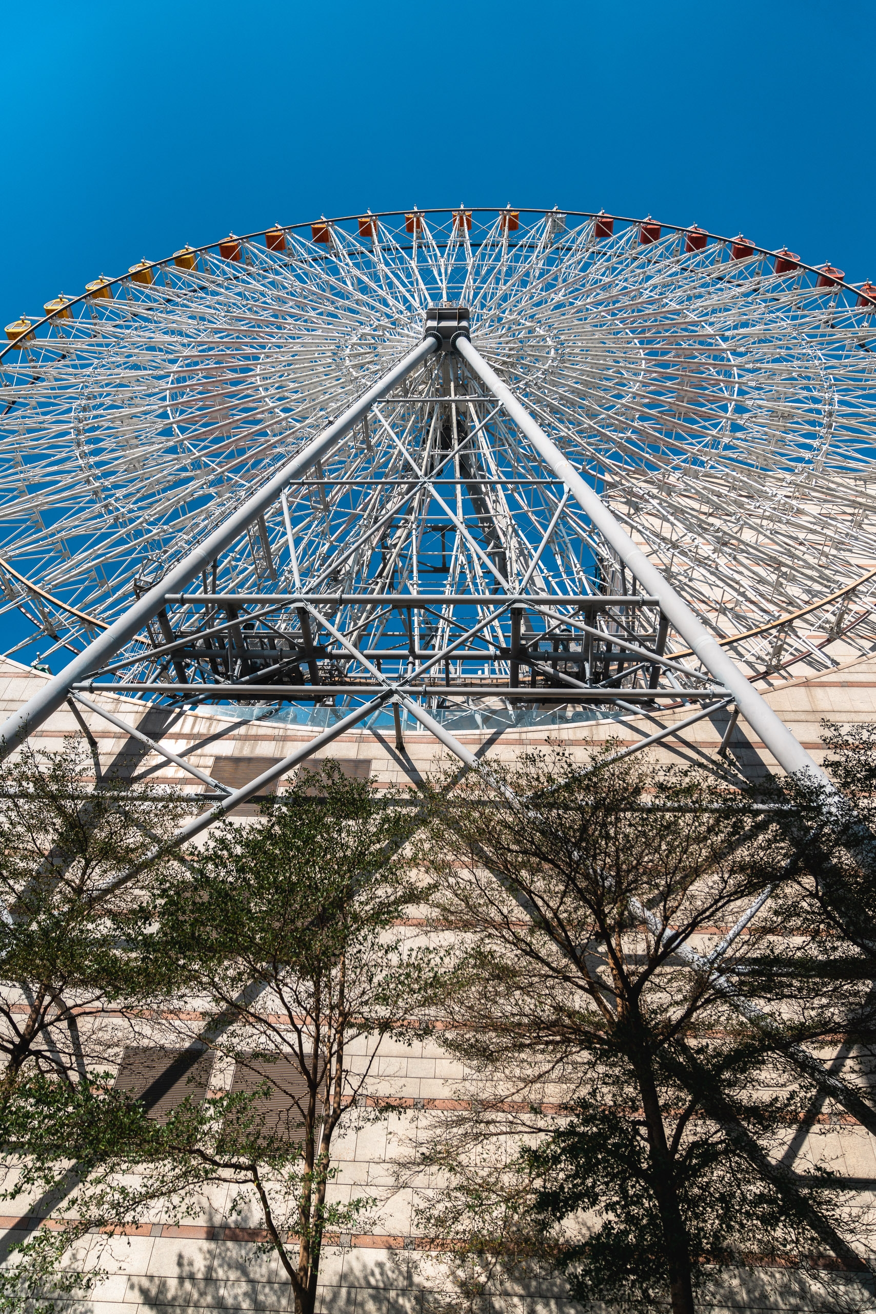 A towering Ferris wheel shot from below against a vivid blue sky, with sparse tree branches and support structures framing the geometric metal framework