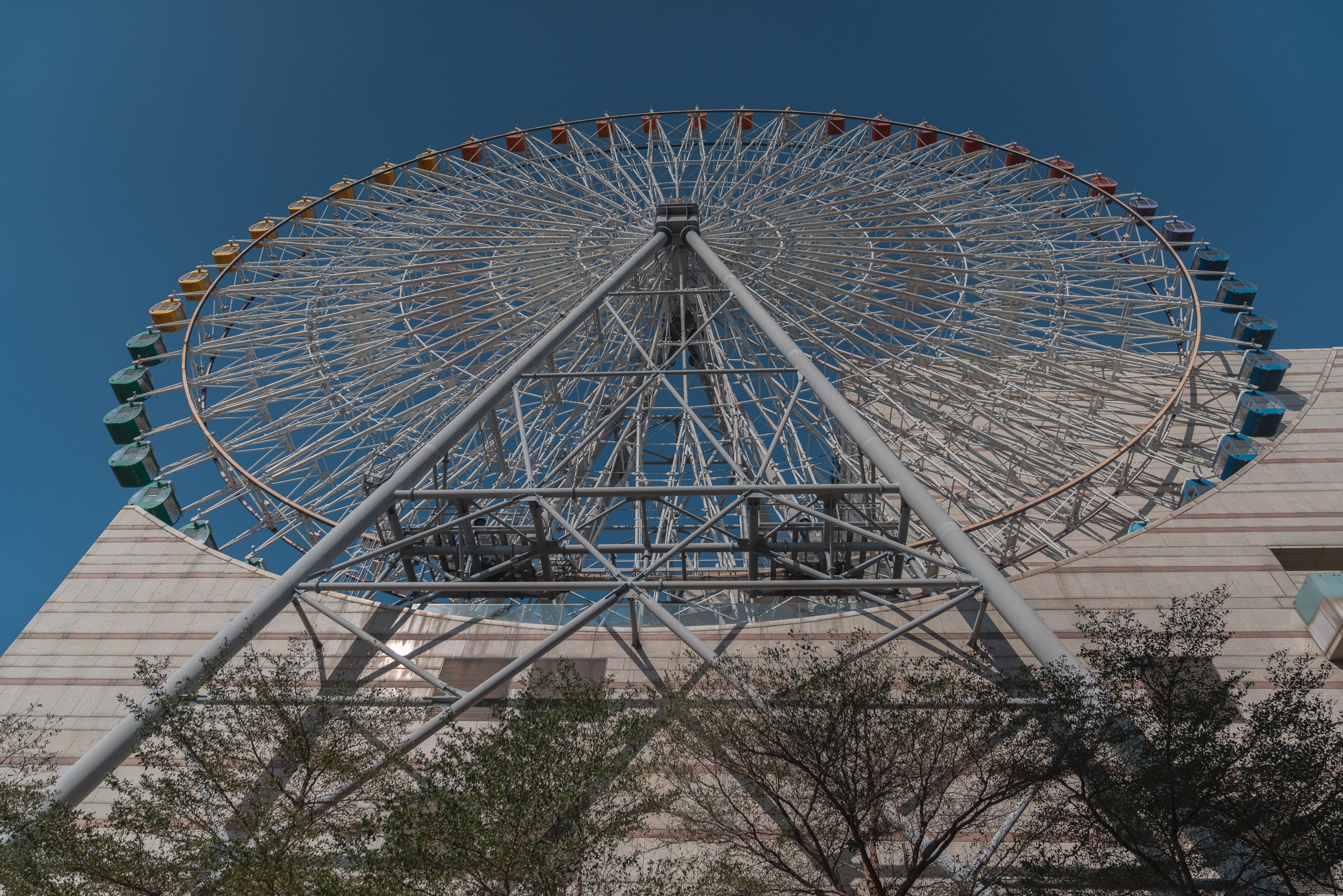 A large Ferris wheel towers against a clear blue sky, its intricate metal framework visible from below with sparse vegetation and a concrete structure in the foreground