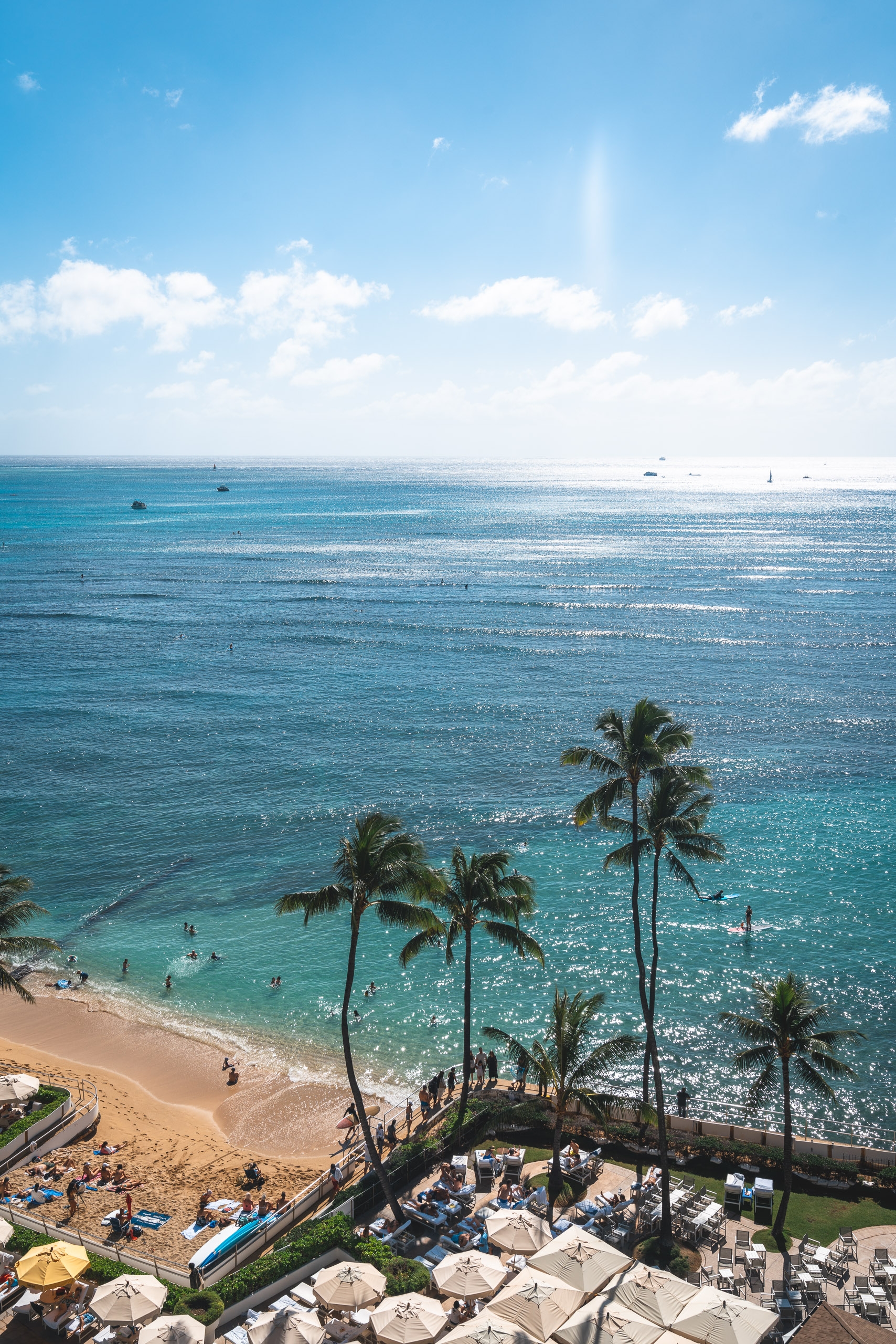 Palm trees frame a sandy Waikiki Beach below, where swimmers enjoy turquoise waters under bright sunlight reflecting off the rippling ocean surface beneath a clear blue sky