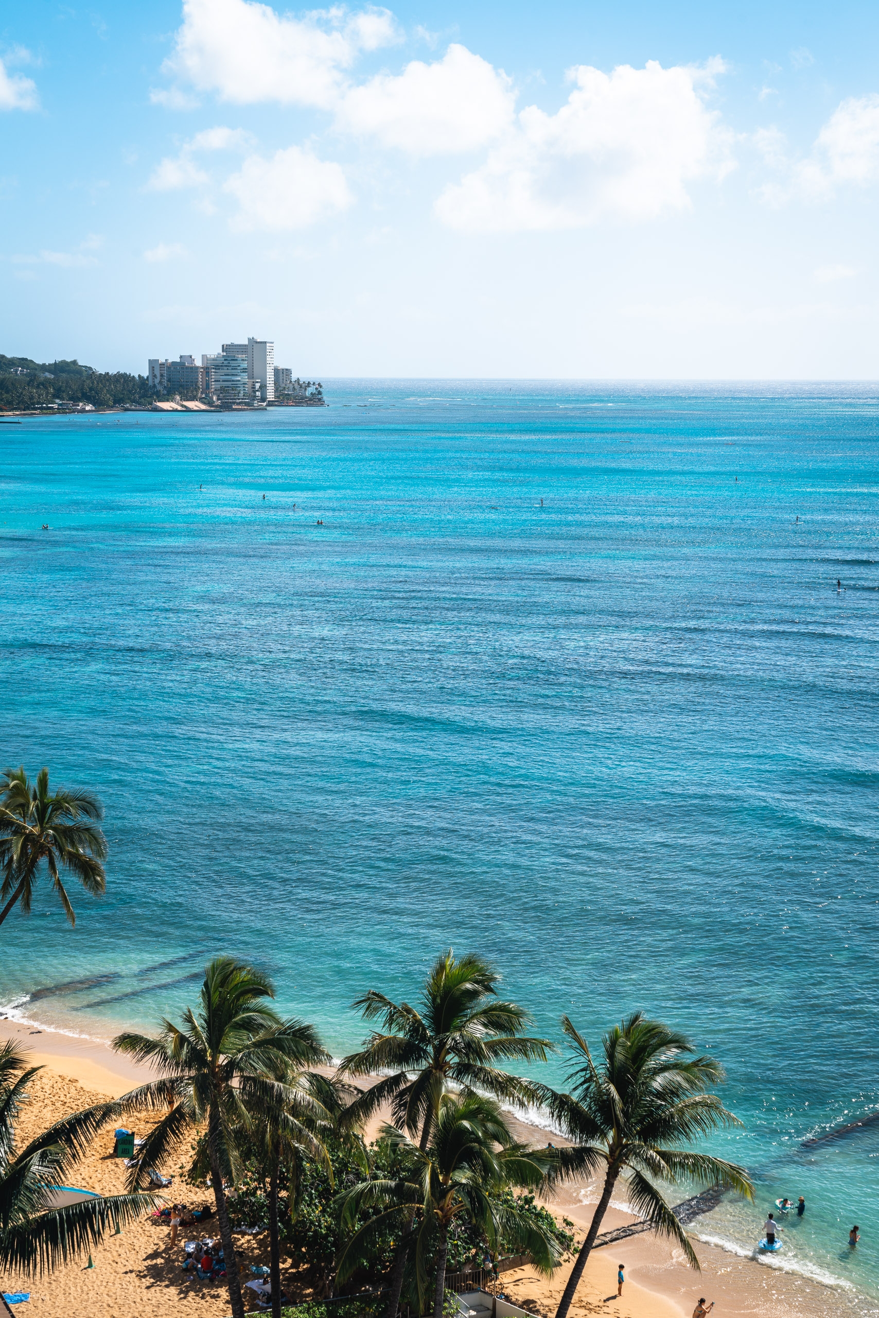 Tropical beach scene with palm trees in foreground, sandy shore, turquoise ocean waters, and high-rise hotels visible along the distant shoreline under bright blue sky with white clouds