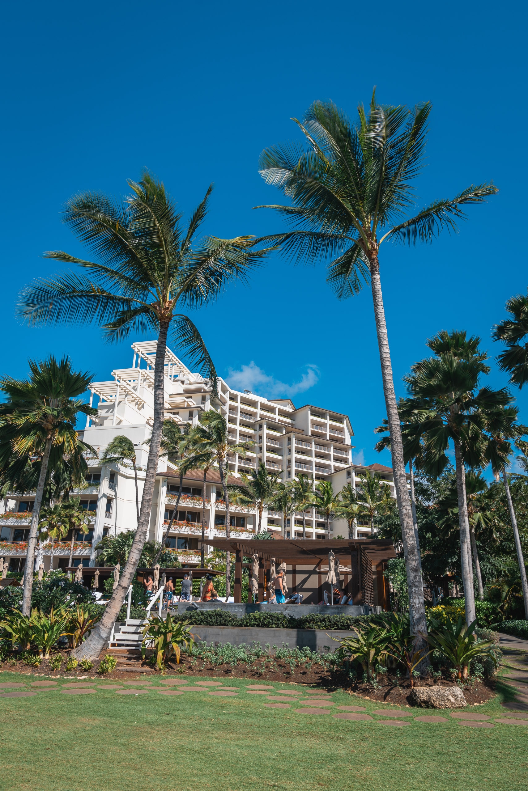 Tall palm trees frame a multi-story beachfront resort building with white and brown architecture under a clear blue sky in Hawaii