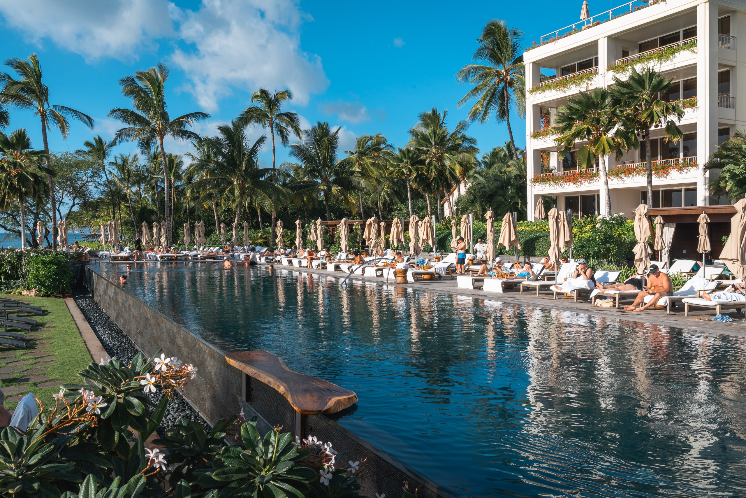 A luxurious resort pool lined with lounge chairs and beige umbrellas stretches alongside a modern white building, framed by swaying palm trees under clear blue sky