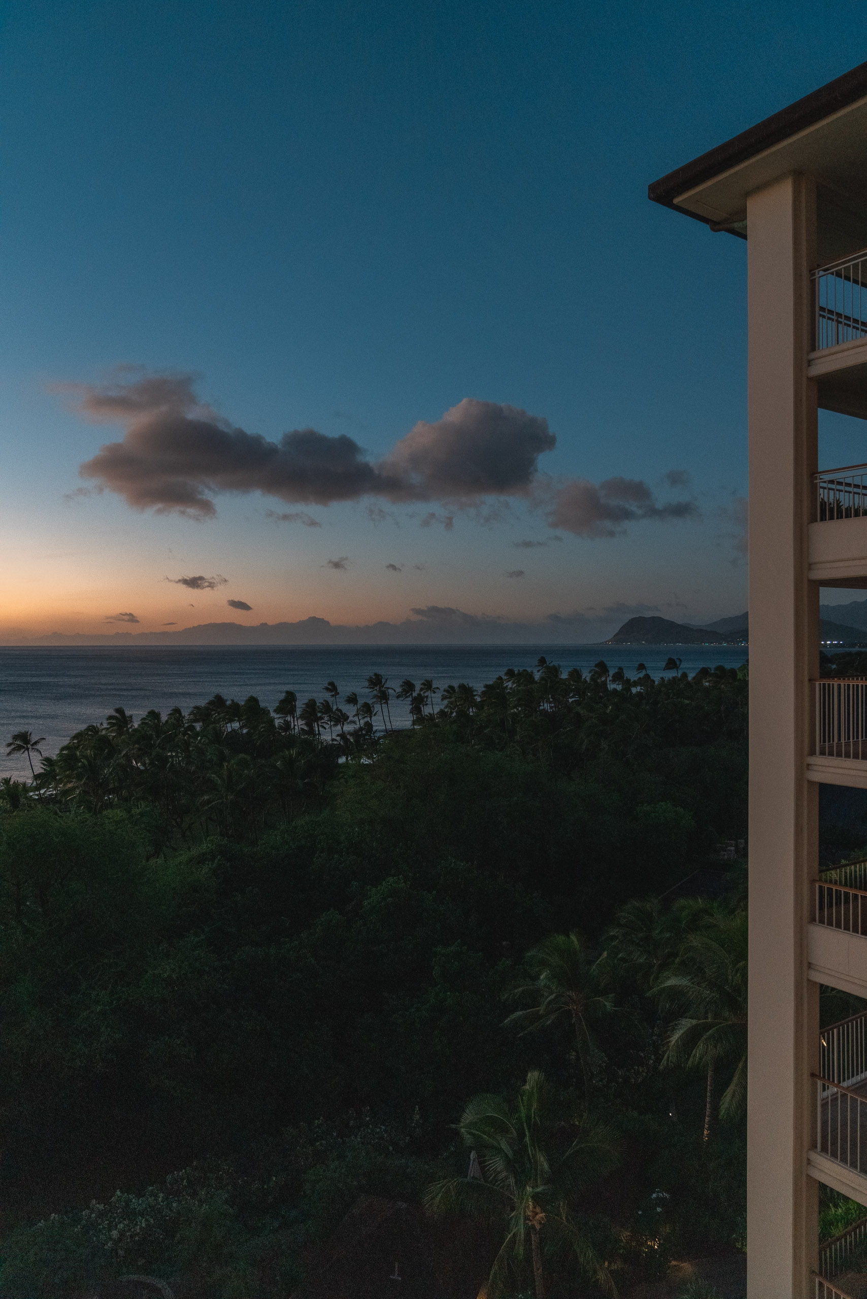 A modern resort building overlooks a tropical coastline at dusk, with palm trees dotting the darkened foreground and a distant volcanic island silhouetted against the twilight sky