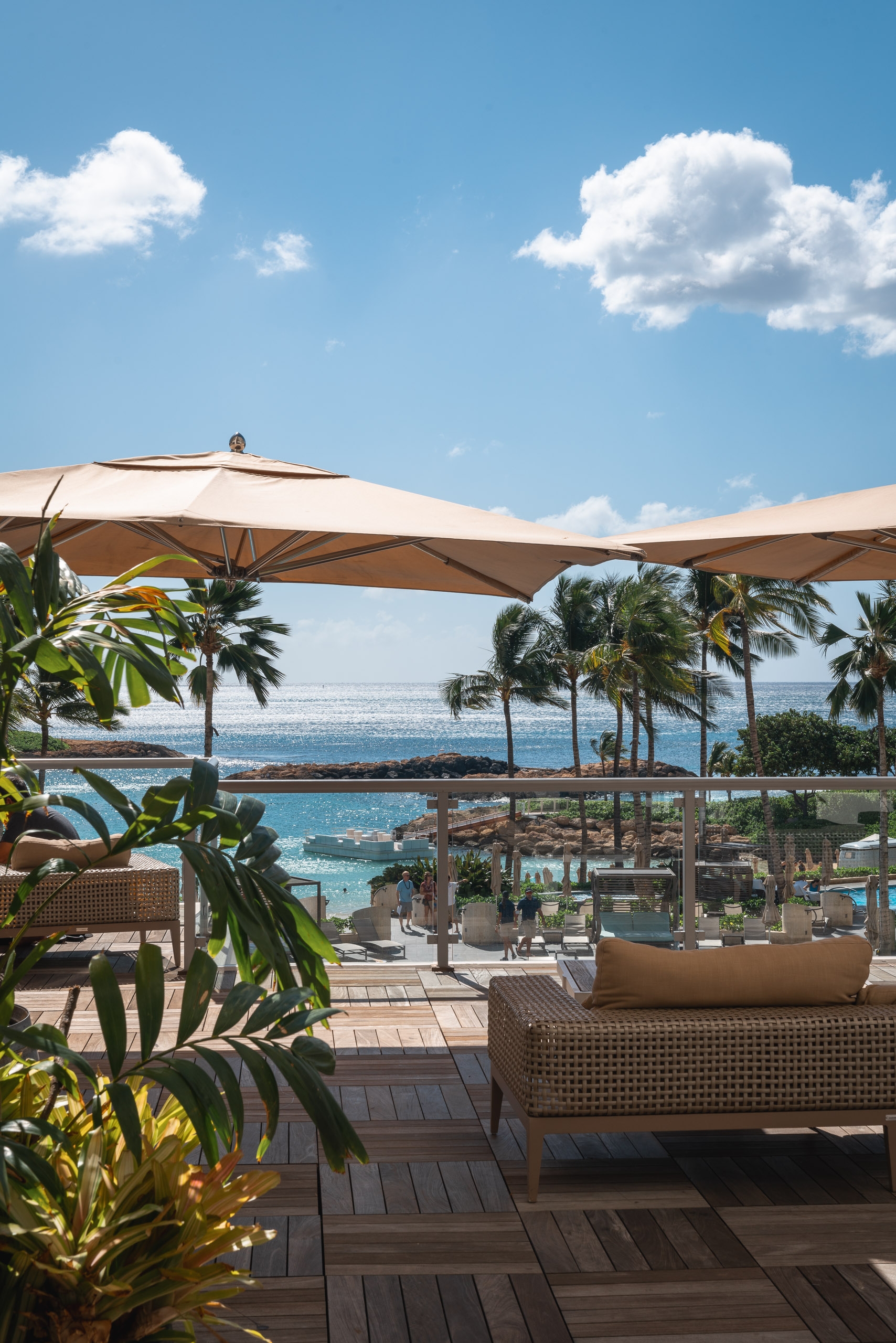 Beige umbrellas shade a wooden deck lined with tropical plants overlooking a turquoise pool and distant ocean under bright blue sky with white clouds