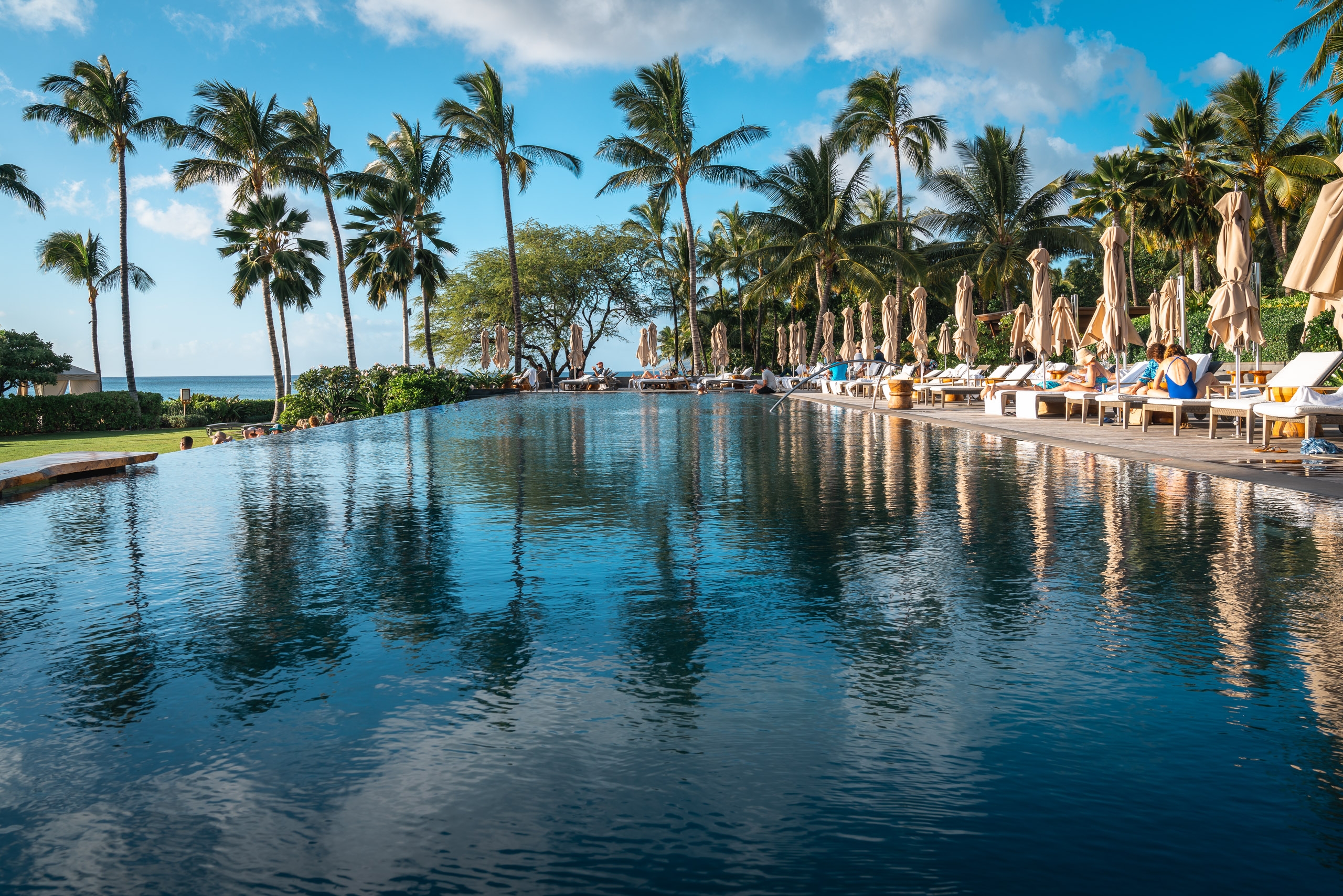 A resort lagoon lined with tall palm trees reflects calm blue water under bright sunlight, with lounge chairs and guests arranged along the sandy shore