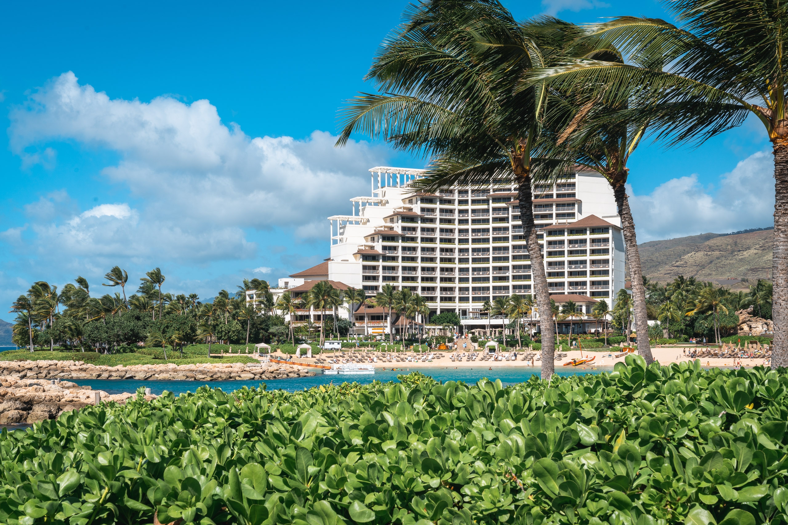 Lush green coastal vegetation frames a multi-story white resort hotel on a Hawaiian beach with clear turquoise water and palm trees under a bright blue sky