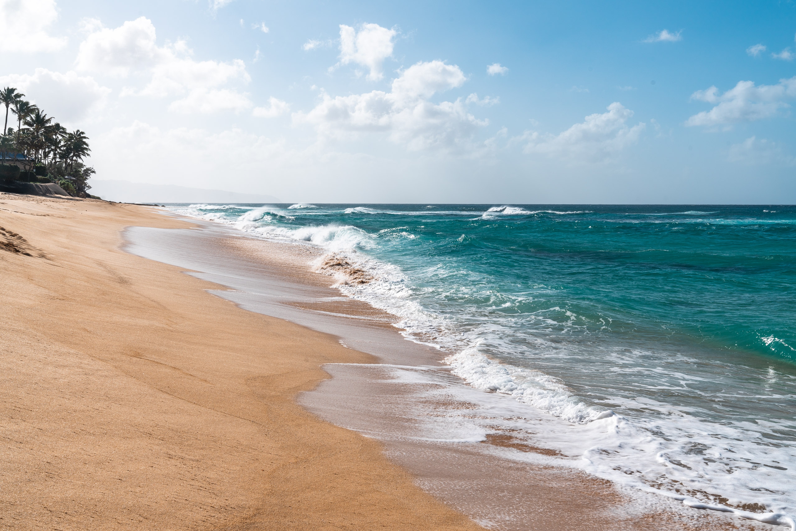 Sandy beach stretches along turquoise waters with white-capped waves rolling ashore under a bright blue sky dotted with white clouds and palm trees lining the shoreline