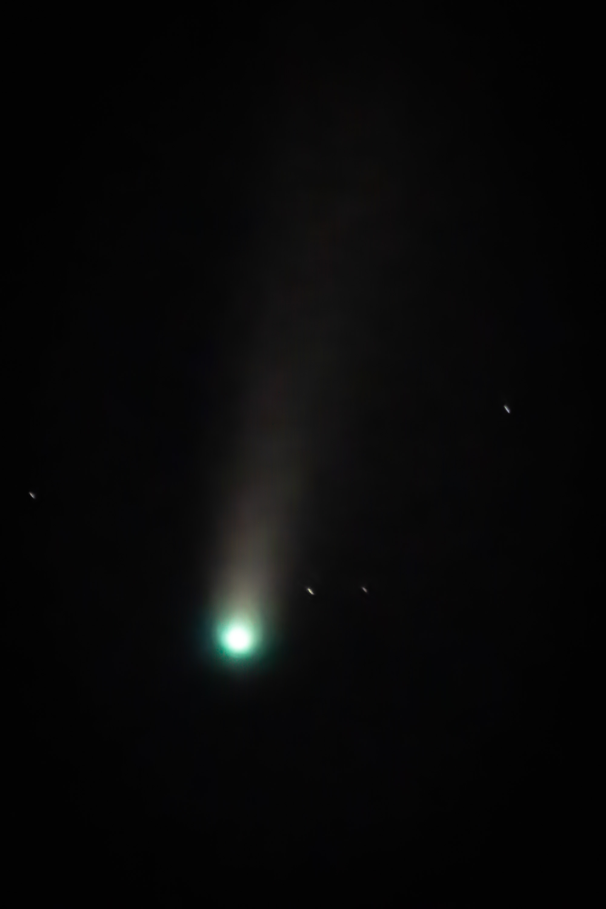 A glowing greenish comet nucleus shines against a dark night sky with a pale tail streaking upward and faint stars scattered throughout the frame