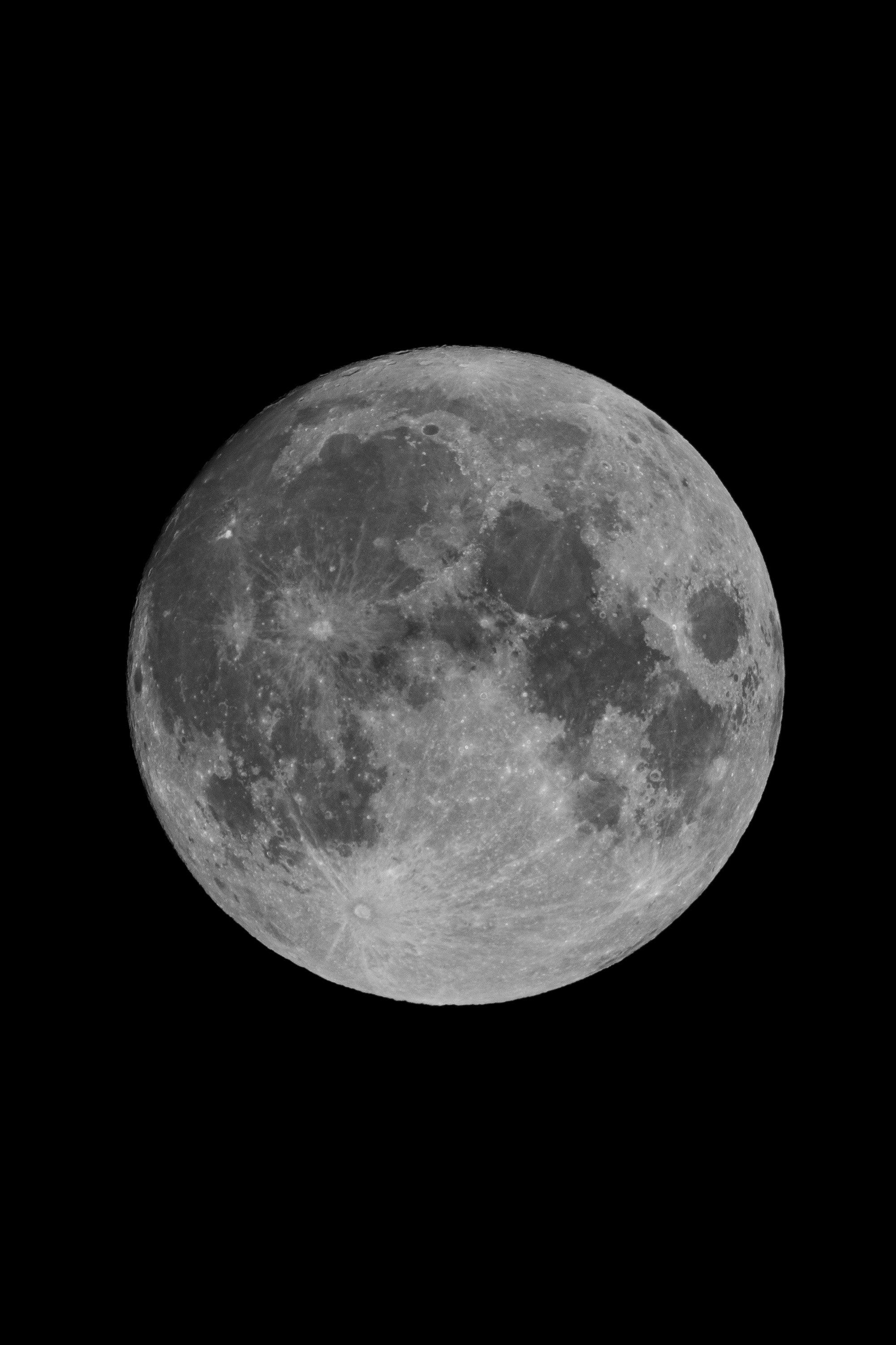 A full moon displays detailed surface features and dark maria craters against a completely black night sky, captured with sharp clarity and fine grayscale tonal gradation