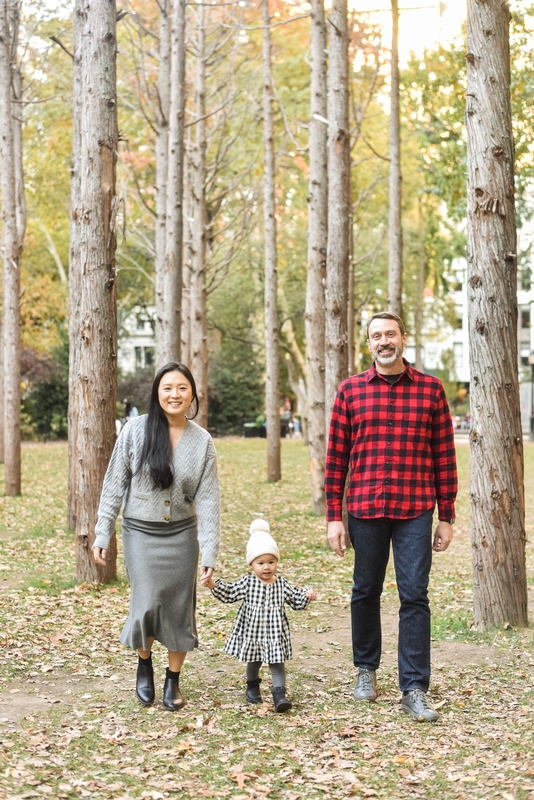 Family Autumn Walk Through Birch Trees