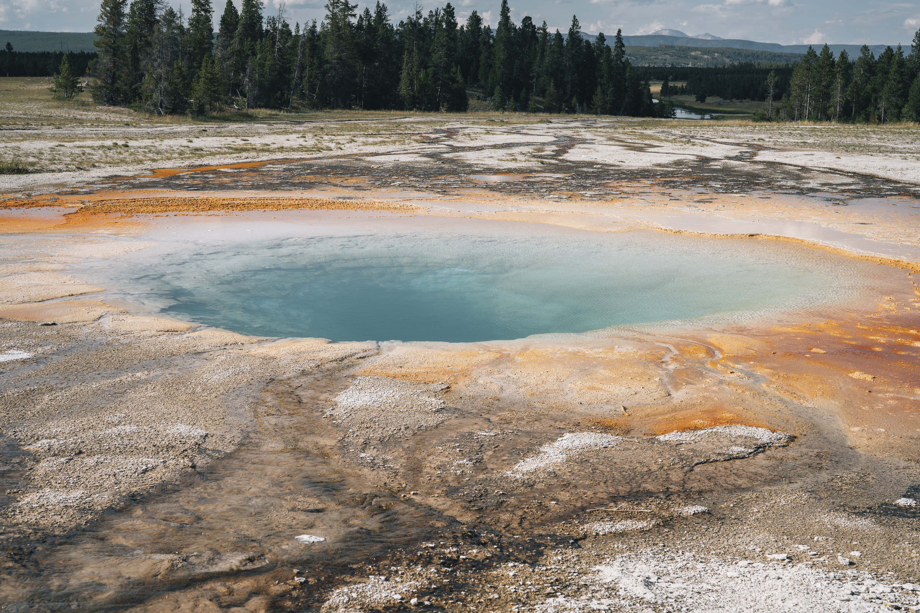 A brilliant turquoise hot spring pool ringed with orange mineral deposits sits amid pale geothermal terrain, with dense evergreen forest and distant mountains under cloudy skies.
